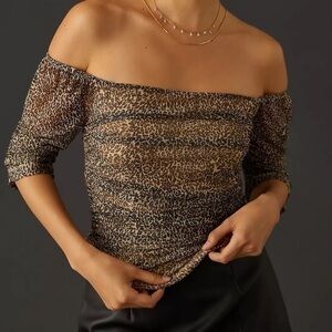 Anthropologie Shirred Animal Print Mesh Top